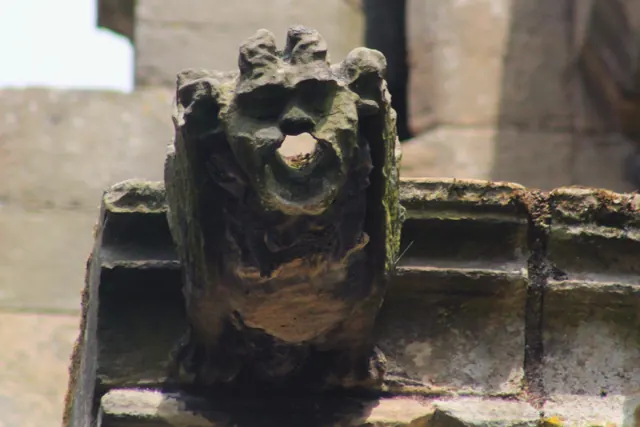 A moss-covered gargoyle on a stone ledge